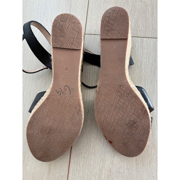 Stuart Weitzman Black Leather Espadrille Wedge Sandals Ankle Strap Size 7 - Picture 7 of 7